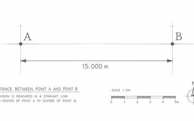 A technical dimension drawing labeling two points, A on the left and B on the right, joined by a measurement line marked 15.000 m, with a 1:100 scale bar and a north arrow beneath.