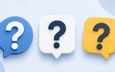 Three 3D speech bubbles in blue, white, and yellow, each holding a question mark, on a light blue background.