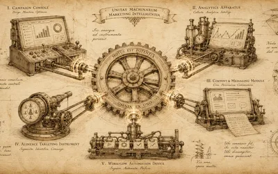 A da Vinci-style sepia schematic titled 'Unitas Machinarum' showing a central gear driving five connected marketing instruments (campaign console, analytics, content, audience targeting, workflow automation) by belts.