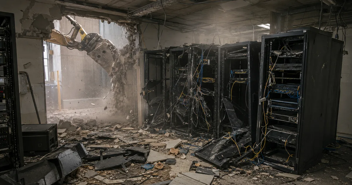 A dim server room mid-demolition: an excavator arm breaks through a concrete wall amid dust and rubble while gutted server racks spill tangled blue and yellow network cables across a debris-covered floor.