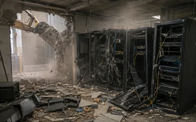 A dim server room mid-demolition: an excavator arm breaks through a concrete wall amid dust and rubble while gutted server racks spill tangled blue and yellow network cables across a debris-covered floor.
