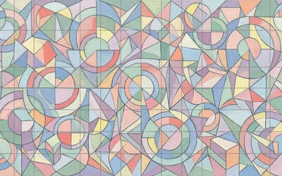 Abstract geometric painting with overlapping circles, triangles, and squares in pastel tones