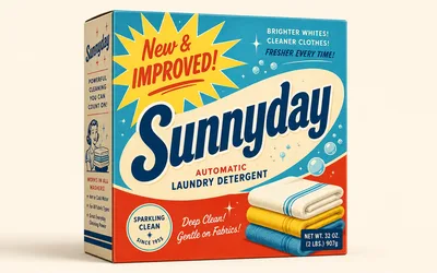 A retro-styled laundry detergent box labeled Sunnyday with a bright yellow New and Improved starburst, a stack of folded towels, and 1950s-style advertising slogans.