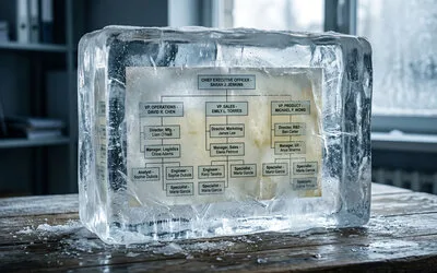 Corporate org chart frozen inside a block of ice on a wooden desk