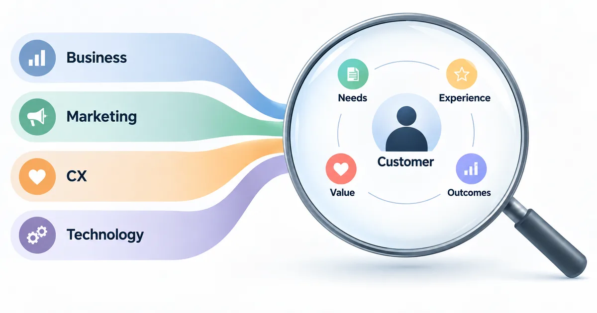 Four labeled bands for business, marketing, CX, and technology flow into a magnifying glass centered on the customer, with needs, experience, value, and outcomes around them