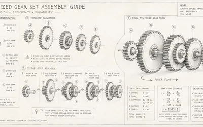 A hand-drawn engineering blueprint titled Optimized Gear Set Assembly Guide, showing labeled gears, an exploded alignment view, step-by-step assembly, and a final meshed gear train with gear-ratio calculations.