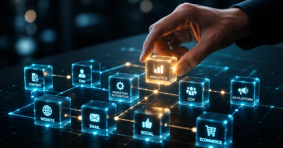 A hand placing a glowing 'Analytics' cube into a connected grid of illuminated martech tool blocks labeled Content, CRM, marketing automation, CDP, email, social, and more, on a dark surface.