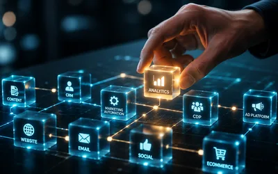 A hand placing a glowing 'Analytics' cube into a connected grid of illuminated martech tool blocks labeled Content, CRM, marketing automation, CDP, email, social, and more, on a dark surface.