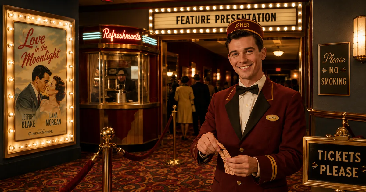 A smiling vintage movie-theater usher in a maroon uniform and cap holds torn tickets beneath a lit 'Feature Presentation' marquee, with 'Tickets Please' and 'No Smoking' signs and a classic film poster nearby.