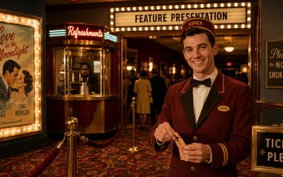 A smiling vintage movie-theater usher in a maroon uniform and cap holds torn tickets beneath a lit 'Feature Presentation' marquee, with 'Tickets Please' and 'No Smoking' signs and a classic film poster nearby.
