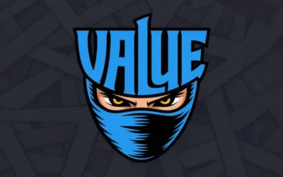 Blue ninja mascot with yellow eyes and the word "VALUE" in bold blue lettering on a dark background
