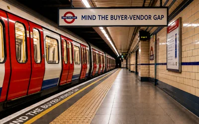 London Underground platform sign reading 'Mind the Buyer-Vendor Gap,' a visual metaphor for the structural disconnect between how martech buyers evaluate tools and how vendors sell them.