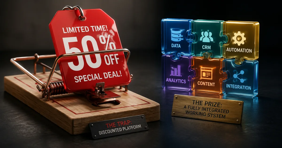 A mousetrap baited with a red '50% off' discount tag labeled 'the trap: discounted platform' beside a completed puzzle of glowing martech pieces labeled 'the prize: a fully integrated working system'.