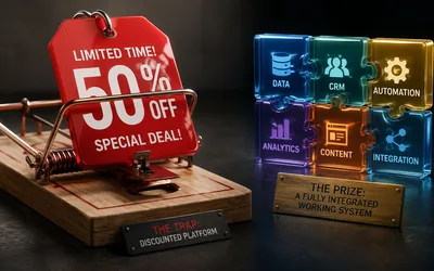 A mousetrap baited with a red '50% off' discount tag labeled 'the trap: discounted platform' beside a completed puzzle of glowing martech pieces labeled 'the prize: a fully integrated working system'.