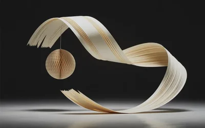 Flowing paper ribbon sculpture with a honeycomb sphere suspended from its curve against a dark background