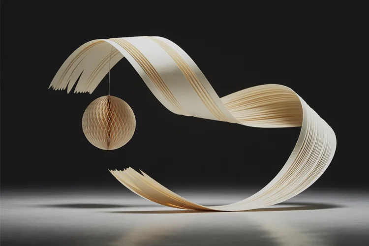 Flowing paper ribbon sculpture with a honeycomb sphere suspended from its curve against a dark background