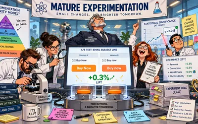 Cartoon of a lab team in white coats celebrating a 0.3% lift from an A/B test of two nearly identical Buy Now buttons, with a maturity pyramid, a p = 0.048 chart, and a trophy reading Smallest Lift, Biggest Celebration