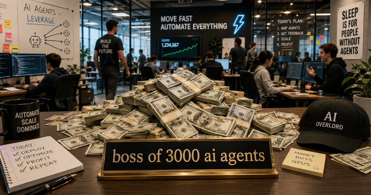 A tech-office desk piled with stacks of cash behind a nameplate reading 'boss of 3000 ai agents,' with an 'AI Overlord' cap, a checklist, and workers at screens under slogans like 'Move Fast Automate Everything.'