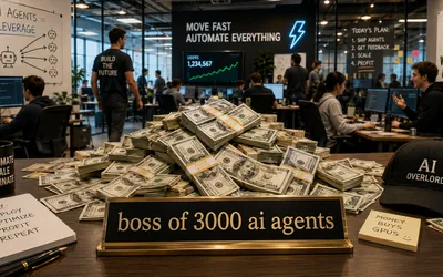 A tech-office desk piled with stacks of cash behind a nameplate reading 'boss of 3000 ai agents,' with an 'AI Overlord' cap, a checklist, and workers at screens under slogans like 'Move Fast Automate Everything.'