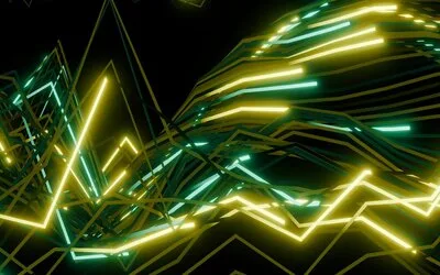 Green and yellow neon zigzag lines layered against a black background