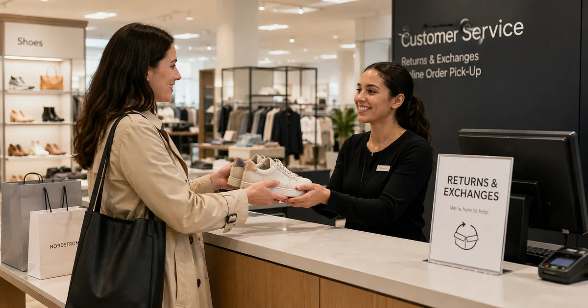 A customer handing a pair of sneakers back to a smiling associate at a retail 'Customer Service, Returns & Exchanges' counter.