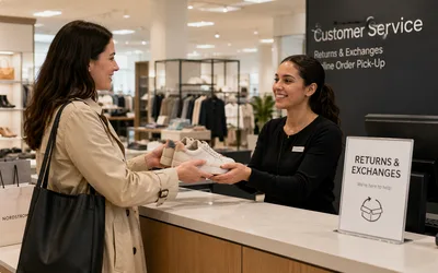 A customer handing a pair of sneakers back to a smiling associate at a retail 'Customer Service, Returns & Exchanges' counter.
