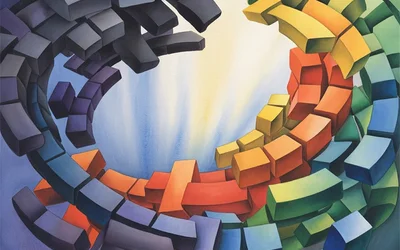 Abstract painting of colorful 3D blocks spiraling in a rainbow arc with light radiating from the center