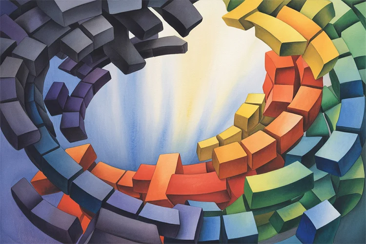 Abstract painting of colorful 3D blocks spiraling in a rainbow arc with light radiating from the center