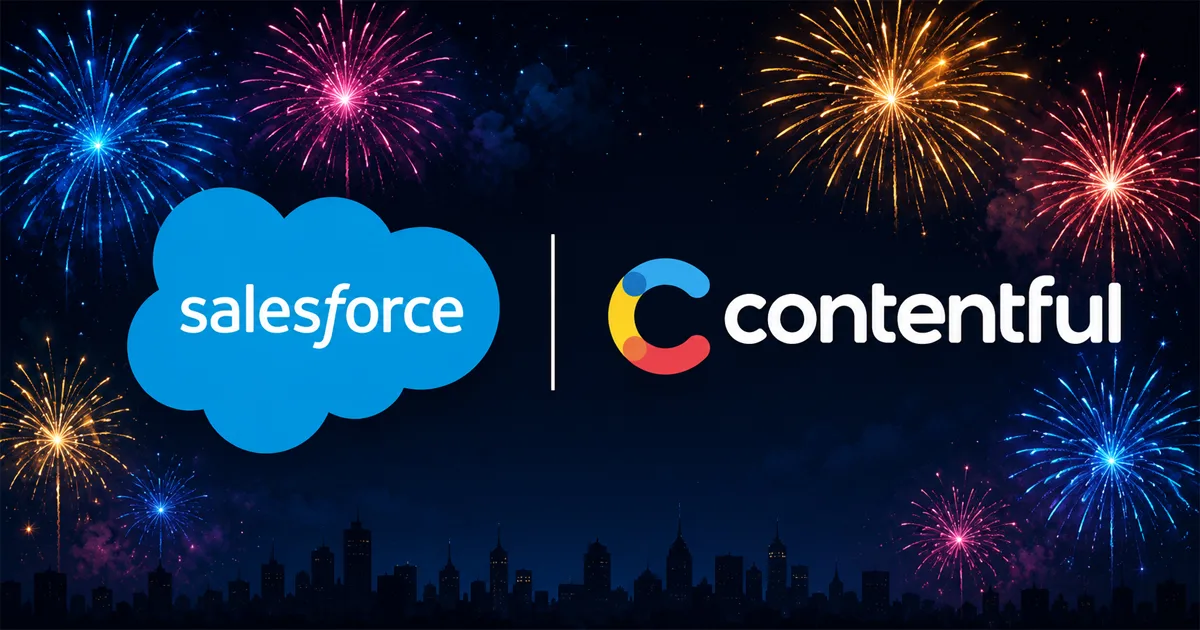 Salesforce cloud logo and Contentful logo side by side against a dark night sky with colorful fireworks and a city skyline silhouette