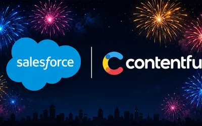 Salesforce cloud logo and Contentful logo side by side against a dark night sky with colorful fireworks and a city skyline silhouette