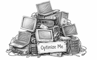 A black-and-white pencil sketch of a tall heap of outdated computers, monitors, laptops, servers, and tangled cables, with a wooden sign reading 'Optimize Me' propped against the pile.