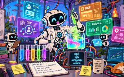 Cartoon of a smiling robot scientist in a lab coat pouring glowing liquid into a beaker, surrounded by floating screens labeled CRM, CDP, DXP, Analytics, and Automation, test tubes labeled with marketing terms, and a cat asleep on the desk