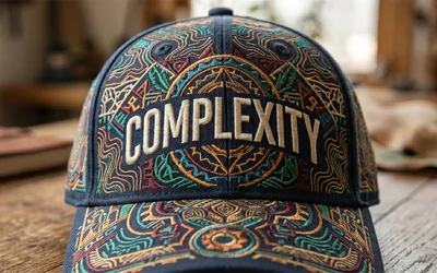 Baseball cap with intricate embroidered patterns and the word Complexity across the front