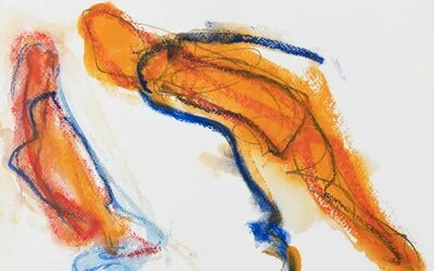 Abstract drawing in orange and blue with bold gestural brushwork on a light background