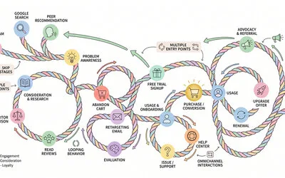 Customer journey map showing nonlinear paths with multiple entry points, looping behavior, and skip stages across engagement, consideration, loyalty, and goal phases