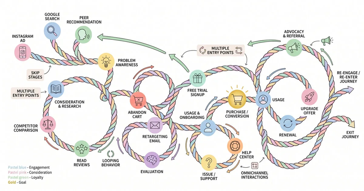 Customer journey map showing nonlinear paths with multiple entry points, looping behavior, and skip stages across engagement, consideration, loyalty, and goal phases
