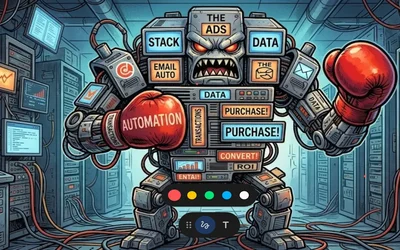 Angry robot assembled from martech components labeled Automation, Ads, Data, Purchase, Convert, and ROI, wearing boxing gloves in a server room