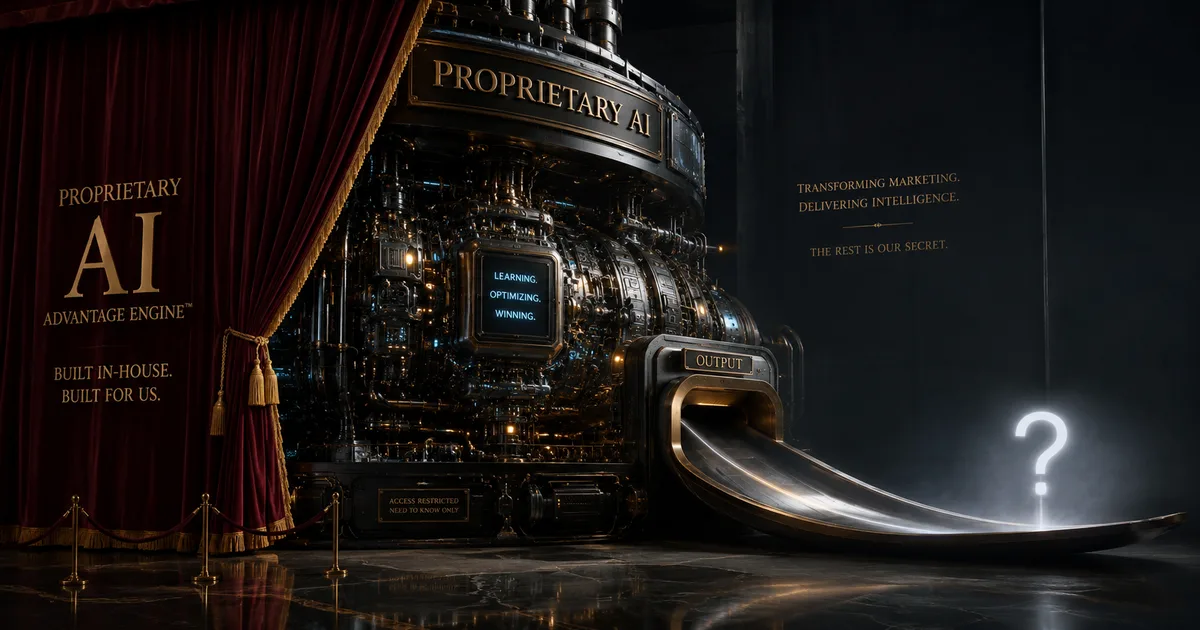 A colossal ornate 'Proprietary AI' machine behind a velvet rope and curtain, its output chute trailing off toward a glowing question mark in a dark hall.
