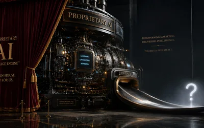 A colossal ornate 'Proprietary AI' machine behind a velvet rope and curtain, its output chute trailing off toward a glowing question mark in a dark hall.