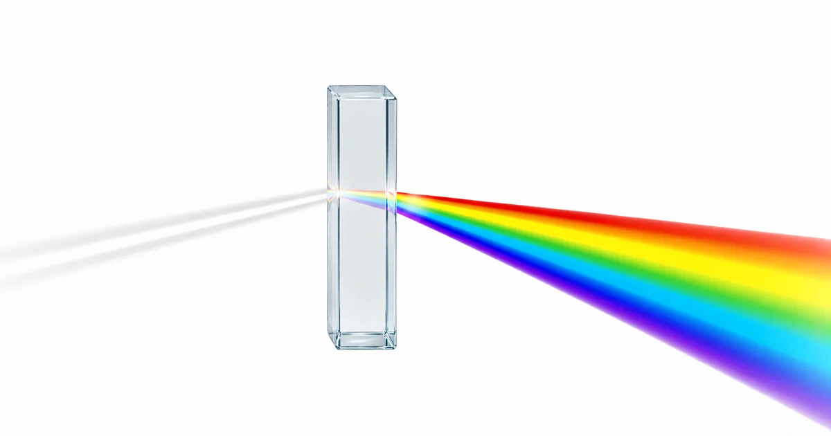 A clear glass prism on a white background, with a single thin beam of white light entering from the left and separating into a broad rainbow spectrum that fans out to the right.