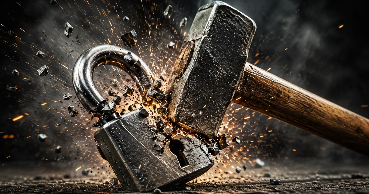 A sledgehammer striking a heavy steel padlock and splitting it open, throwing sparks and metal fragments across a dark background.