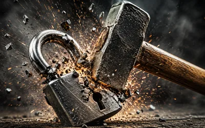 A sledgehammer striking a heavy steel padlock and splitting it open, throwing sparks and metal fragments across a dark background.