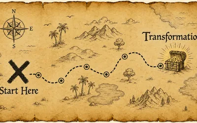 A vintage treasure map with a large X marked Start Here on the left and a dashed path winding past palms, mountains, and sea to a glowing open treasure chest labeled Transformation on the right.