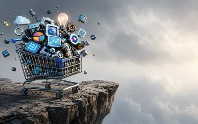 A shopping cart overflowing with assorted disconnected tech gadgets and app icons perched at the edge of a rocky cliff against a cloudy sky.