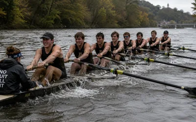 A rowing eight strains in unison on a river, the coxswain in a jacket reading No Quit All Hit steering from the stern.
