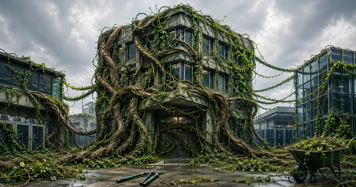 An office building overrun by thick woody vines spilling across the plaza, flanked by glass buildings under a stormy sky, with pruning shears and a wheelbarrow of cut vines in the foreground.