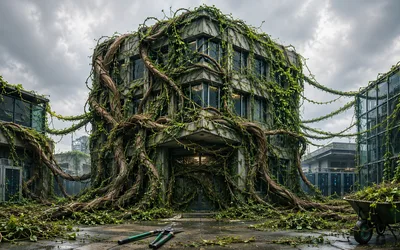 An office building overrun by thick woody vines spilling across the plaza, flanked by glass buildings under a stormy sky, with pruning shears and a wheelbarrow of cut vines in the foreground.