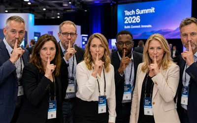 Seven business professionals at a technology conference holding fingers to their lips in a shh gesture, wearing attendee badges