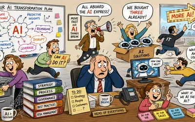 A satirical office cartoon: a stressed manager clutches his head at a desk marked Head of Everything while coworkers shout AI slogans, a whiteboard titled Our AI Transformation Plan overflows with buzzwords, a box of toy robots is labeled AI Solutions, and binders for strategy, process, and governance sit covered in cobwebs.
