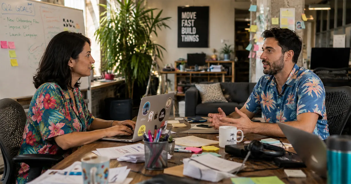 Two colleagues in conversation across a cluttered desk in a startup office, one gesturing while explaining and the other listening at a laptop with a whiteboard of quarterly goals behind them
